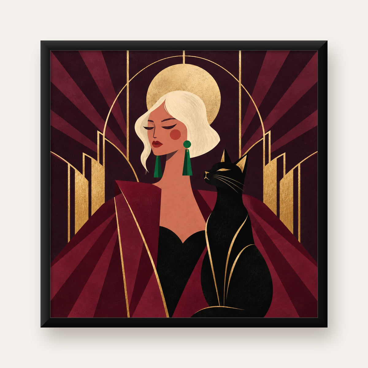 Art Deco Kadın ve Kedi Poster – Zarif Dijital Sanat Baskısı — Kare baskı, düz siyah çerçeveli duvar posteri