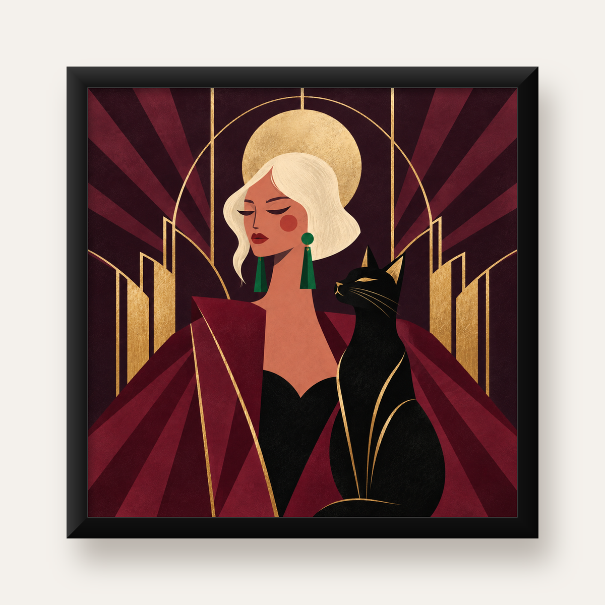 Art Deco Kadın ve Kedi Poster – Zarif Dijital Sanat Baskısı — Kare baskı, düz siyah çerçeveli duvar posteri