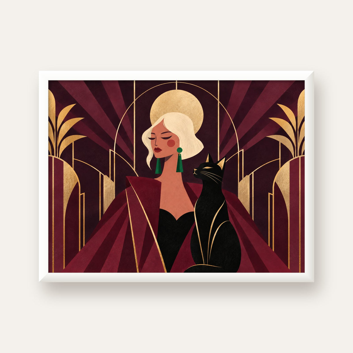 Art Deco Kadın ve Kedi Poster – Zarif Dijital Sanat Baskısı — beyaz çerçeveli yatay poster