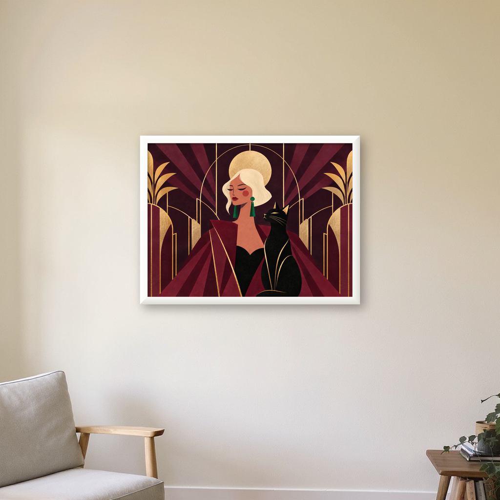 Art Deco Kadın ve Kedi Poster – Zarif Dijital Sanat Baskısı — beyaz çerçeveli yatay poster