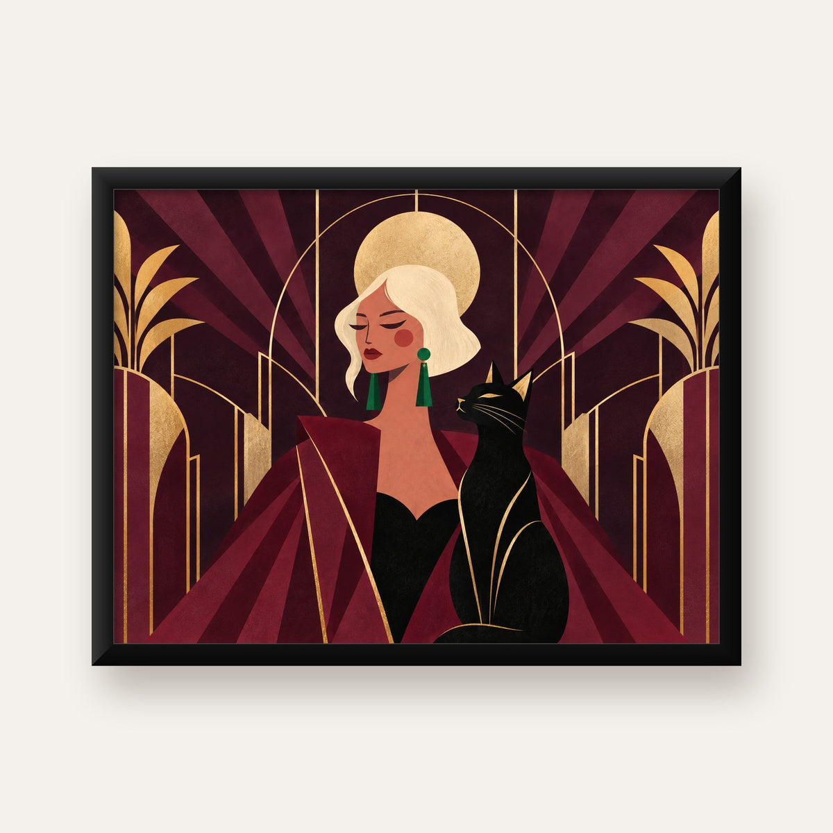 Art Deco Kadın ve Kedi Poster – Zarif Dijital Sanat Baskısı — Yatay baskı, düz siyah çerçeveli duvar posteri
