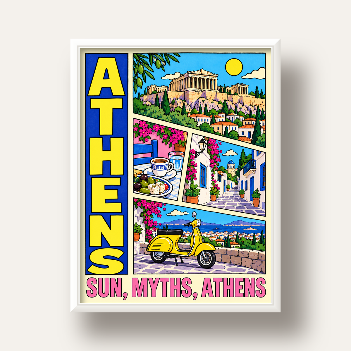 Atina Şehir Manzarası Çizgi Roman Stil Renkli Poster — beyaz derin çerçeveli