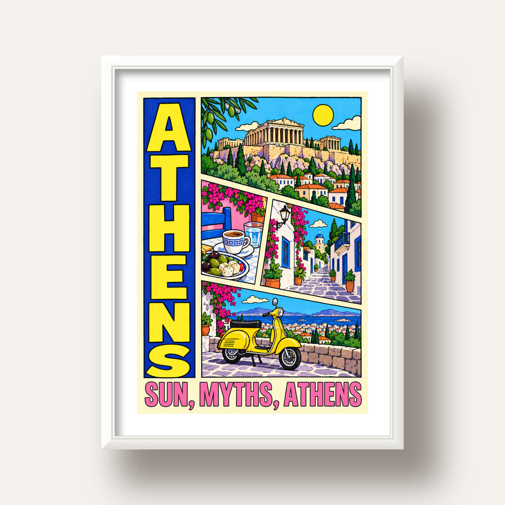 Atina Şehir Manzarası Çizgi Roman Stil Renkli Poster — beyaz derin çerçeveli paspartulu