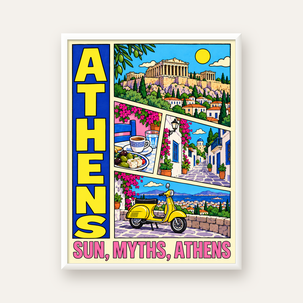 Atina Şehir Manzarası Çizgi Roman Stil Renkli Poster — beyaz çerçeveli dikey poster