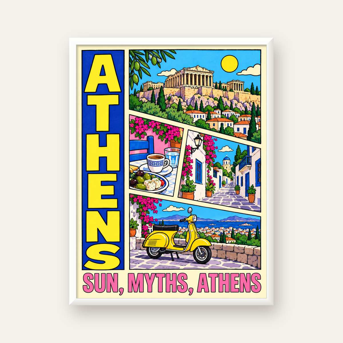 Atina Şehir Manzarası Çizgi Roman Stil Renkli Poster — beyaz çerçeveli dikey poster