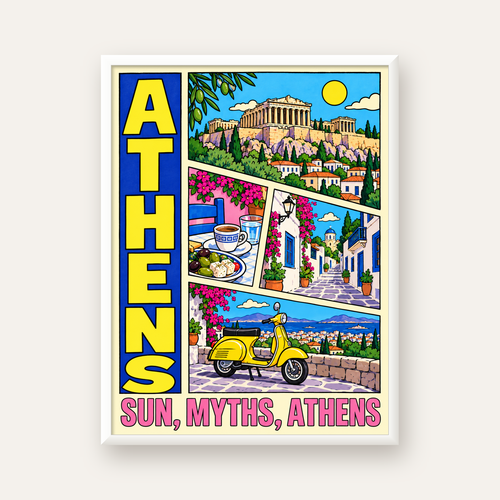 Atina Şehir Manzarası Çizgi Roman Stil Renkli Poster — beyaz çerçeveli dikey poster