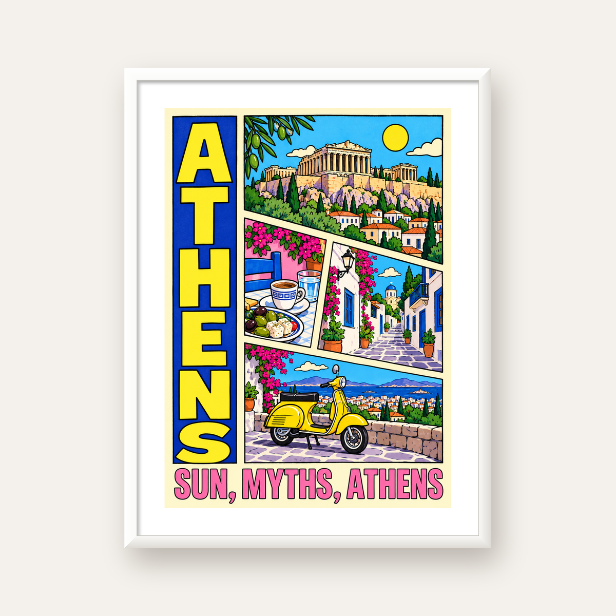 Atina Şehir Manzarası Çizgi Roman Stil Renkli Poster — beyaz çerçeveli dikey poster