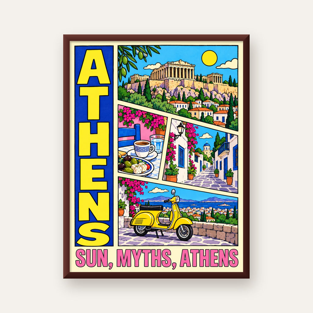 Atina Şehir Manzarası Çizgi Roman Stil Renkli Poster — ceviz çerçeveli