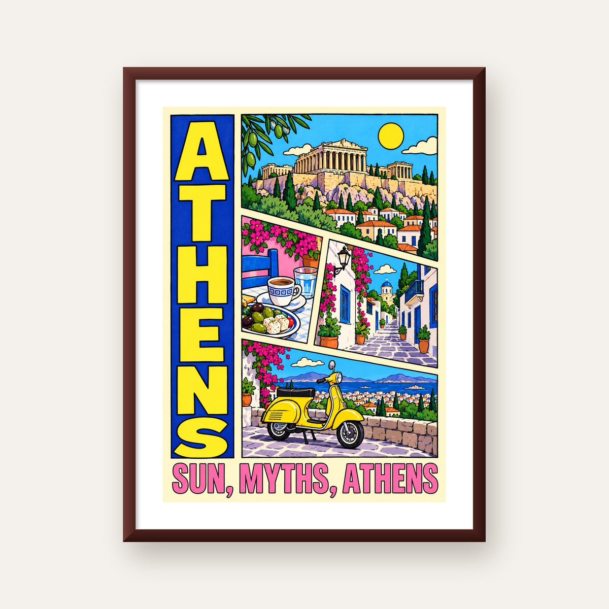 Atina Şehir Manzarası Çizgi Roman Stil Renkli Poster — ceviz çerçeveli paspartulu