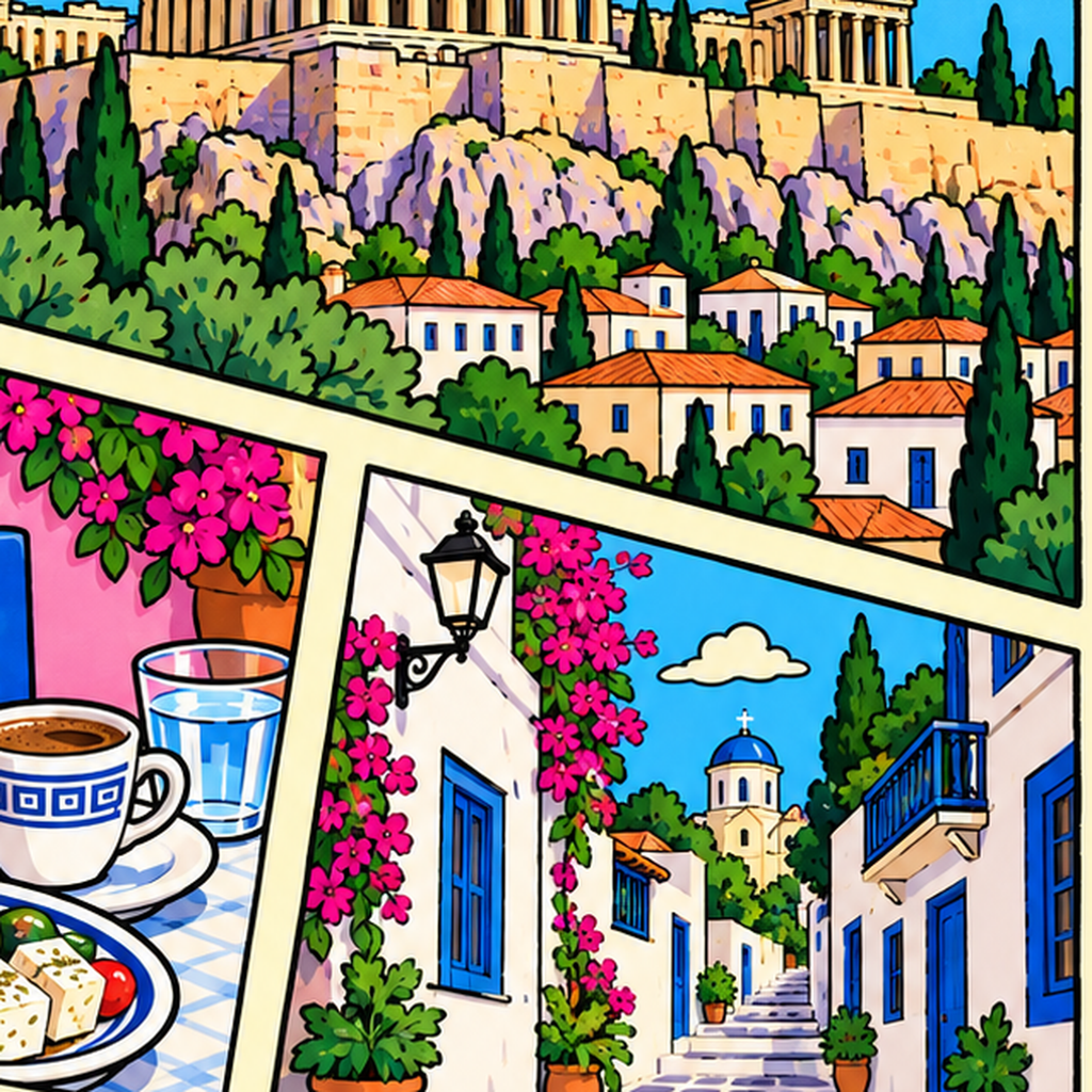 Atina Şehir Manzarası Çizgi Roman Stil Renkli Poster — baskının yakın çekimi, kâğıt dokusu ve renk detayı