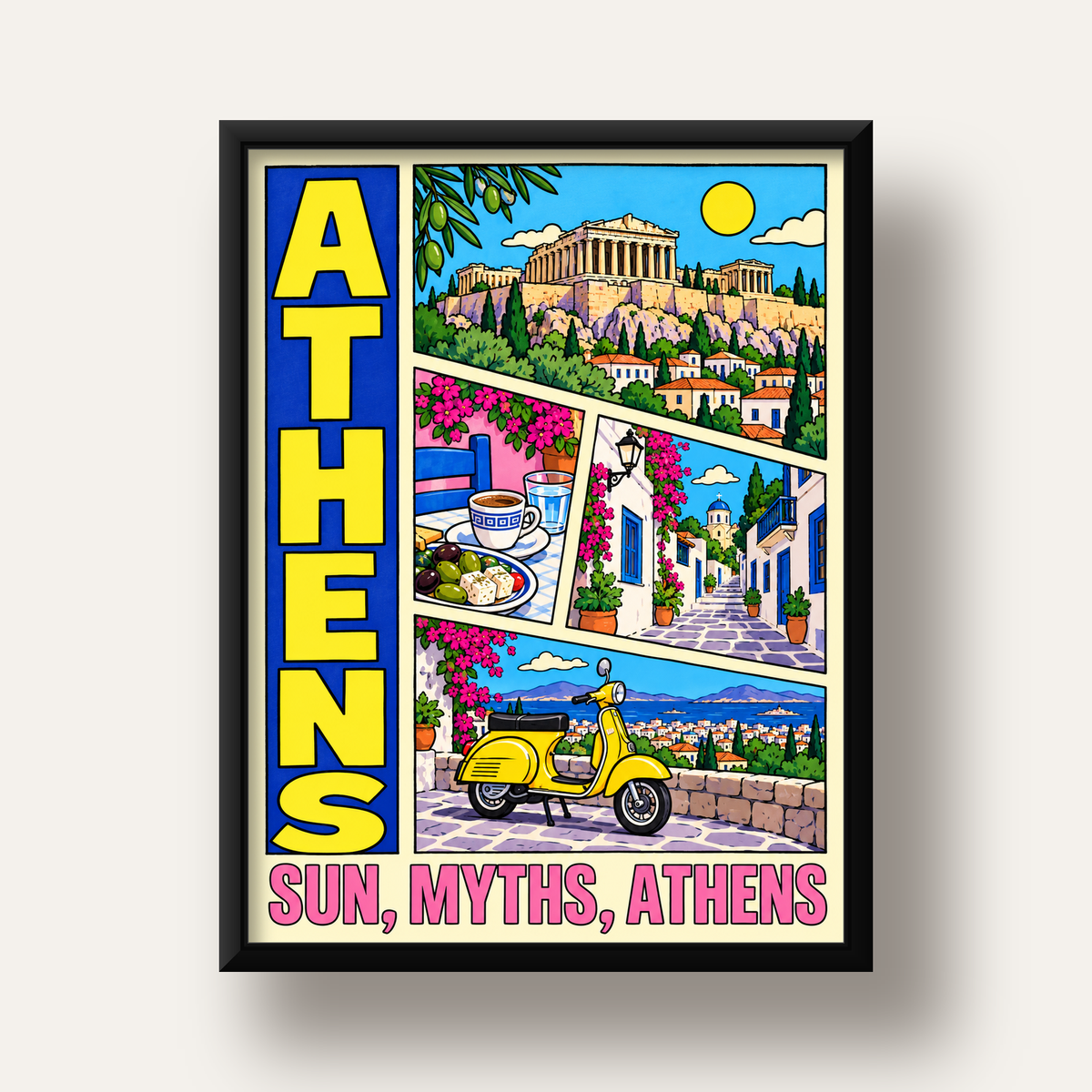 Atina Şehir Manzarası Çizgi Roman Stil Renkli Poster — siyah derin çerçeveli