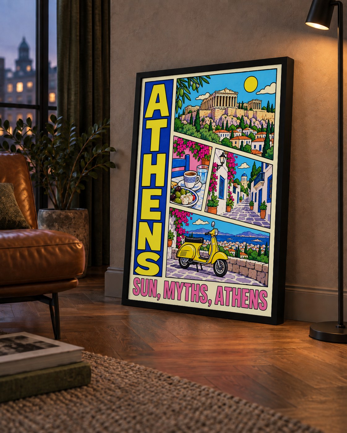 Atina Şehir Manzarası Çizgi Roman Stil Renkli Poster — çerçeveli hâliyle bir ev duvarında