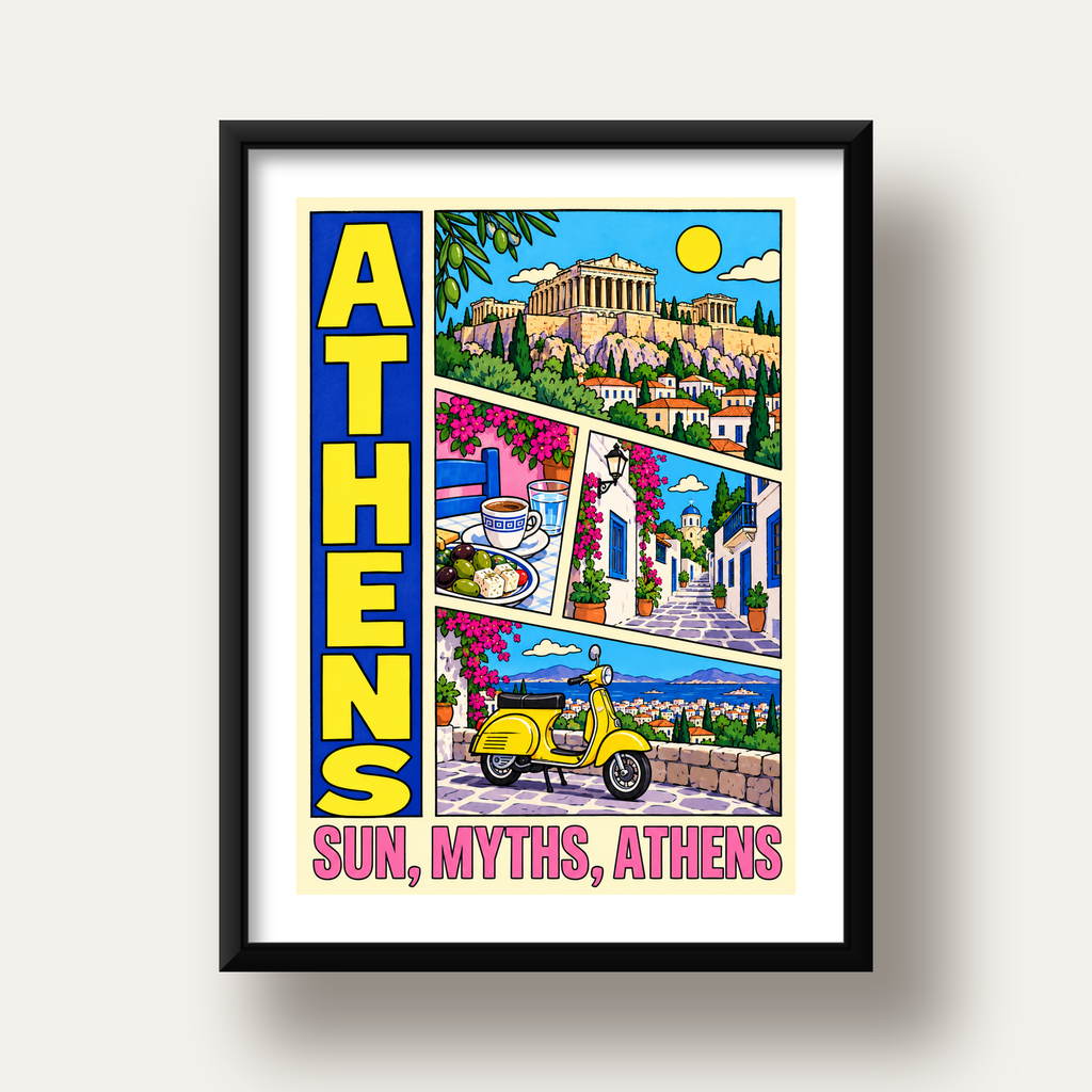 Atina Şehir Manzarası Çizgi Roman Stil Renkli Poster — siyah derin çerçeveli paspartulu