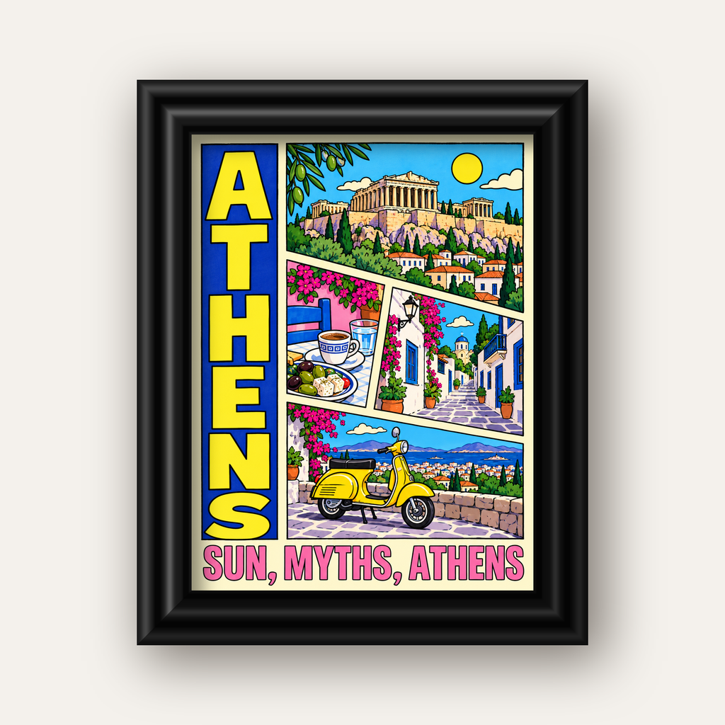 Atina Şehir Manzarası Çizgi Roman Stil Renkli Poster — siyah galeri çerçeveli