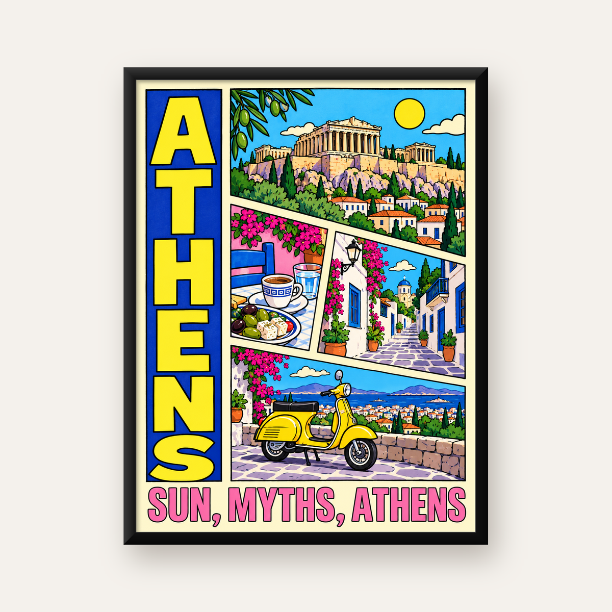 Atina Şehir Manzarası Çizgi Roman Stil Renkli Poster — Dikey baskı, düz siyah çerçeveli duvar posteri
