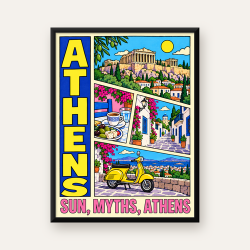 Atina Şehir Manzarası Çizgi Roman Stil Renkli Poster — Dikey baskı, düz siyah çerçeveli duvar posteri