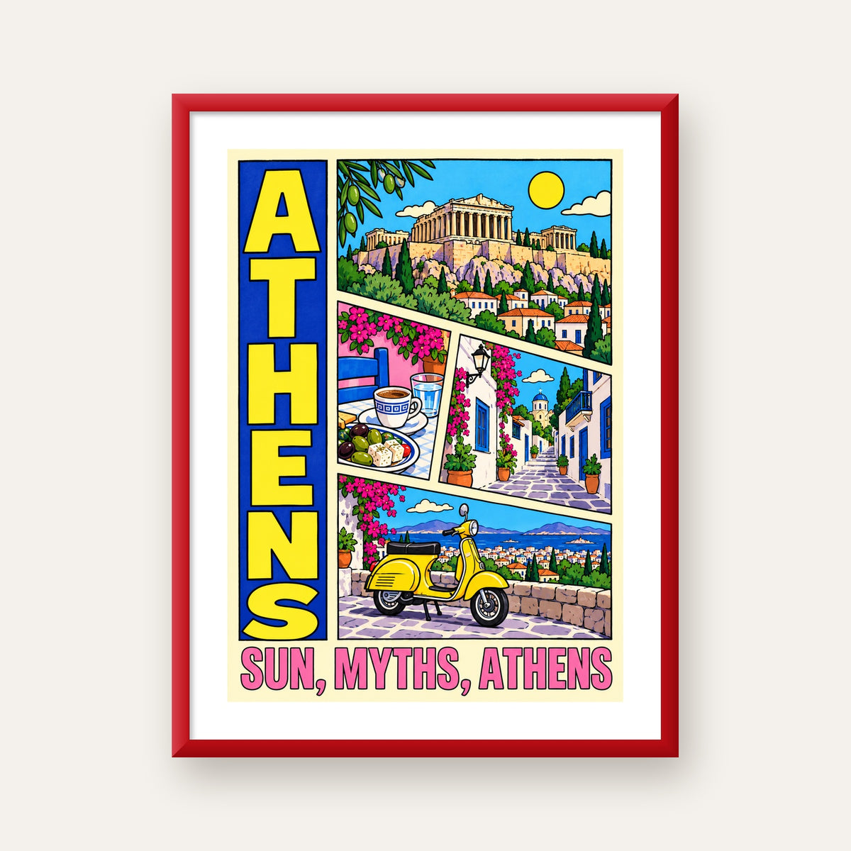 Atina Şehir Manzarası Çizgi Roman Stil Renkli Poster — kırmızı çerçeveli paspartulu