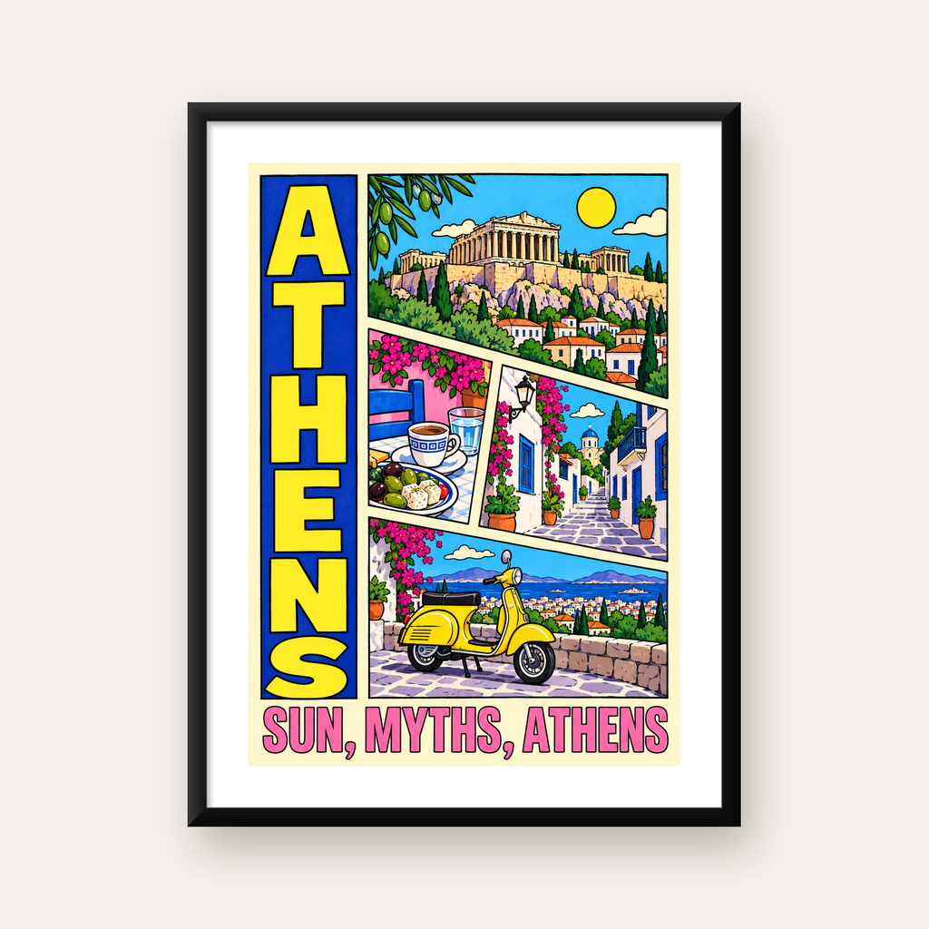 Atina Şehir Manzarası Çizgi Roman Stil Renkli Poster — Dikey baskı, beyaz paspartulu