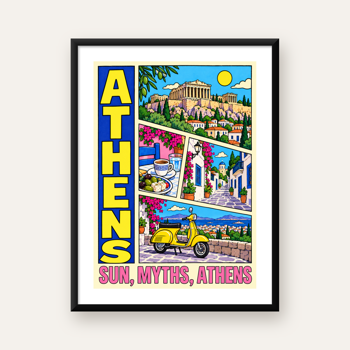 Atina Şehir Manzarası Çizgi Roman Stil Renkli Poster — Dikey baskı, beyaz paspartulu