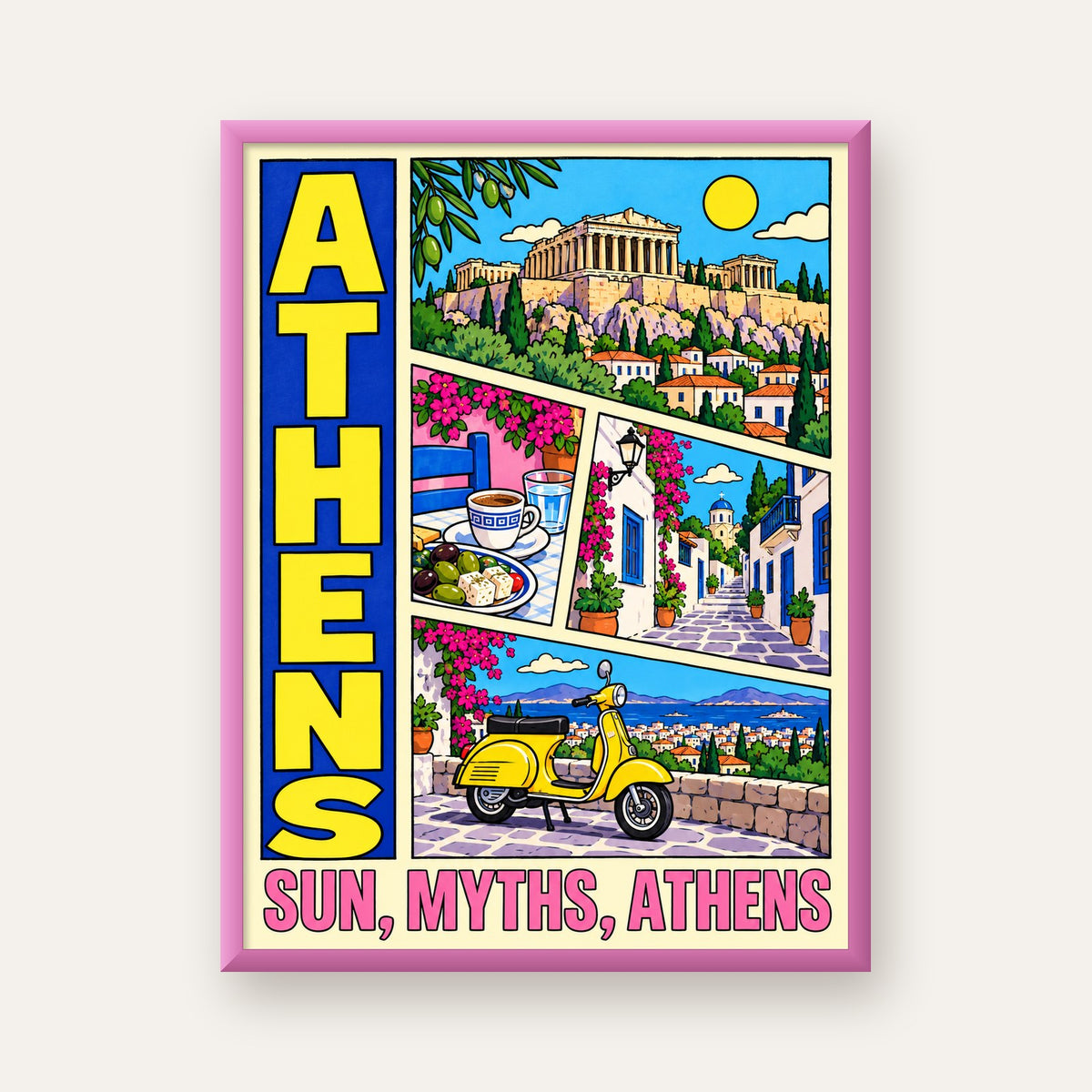 Atina Şehir Manzarası Çizgi Roman Stil Renkli Poster — pembe çerçeveli