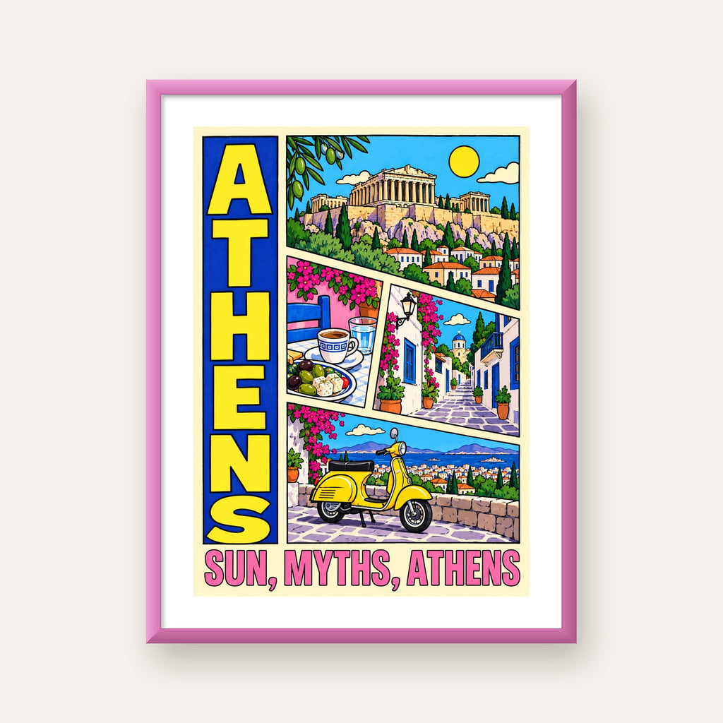 Atina Şehir Manzarası Çizgi Roman Stil Renkli Poster — pembe çerçeveli paspartulu