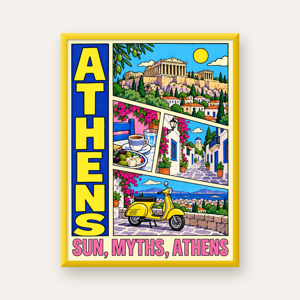 Atina Şehir Manzarası Çizgi Roman Stil Renkli Poster — sarı çerçeveli