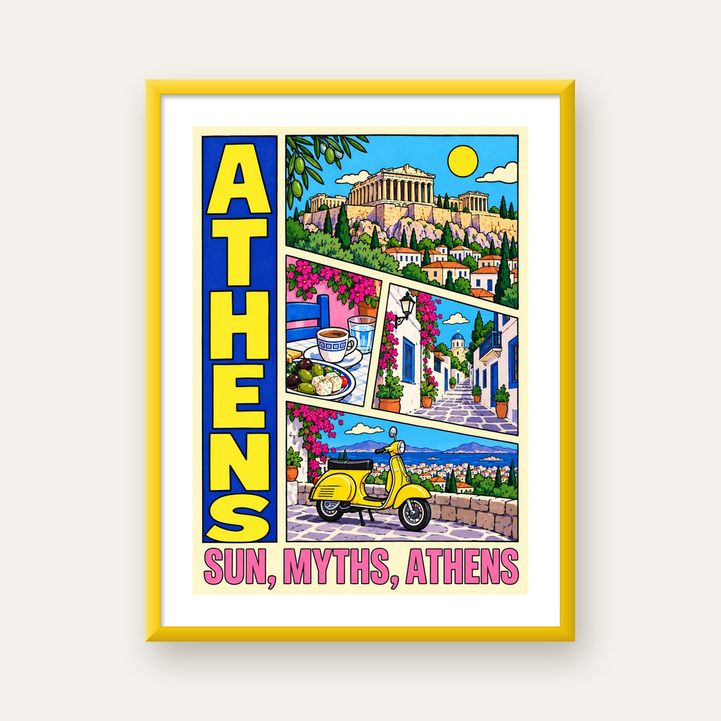Atina Şehir Manzarası Çizgi Roman Stil Renkli Poster — sarı çerçeveli paspartulu