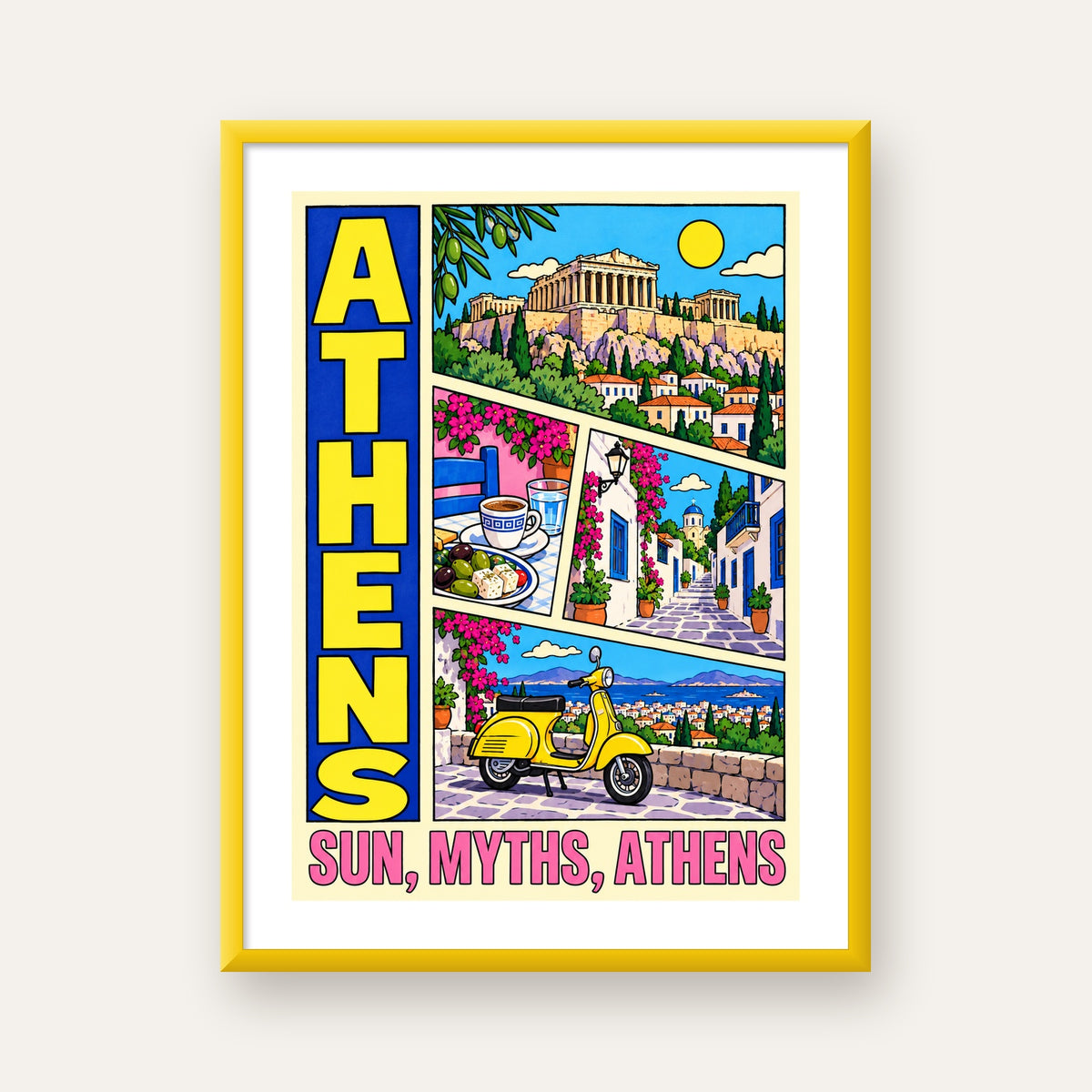Atina Şehir Manzarası Çizgi Roman Stil Renkli Poster — sarı çerçeveli paspartulu