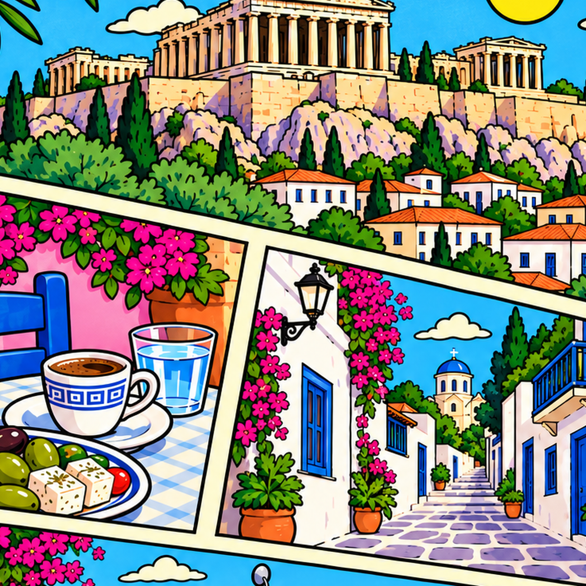 Atina Şehir Manzarası Çizgi Roman Stil Renkli Poster — baskının yakın çekimi, kâğıt dokusu ve renk detayı