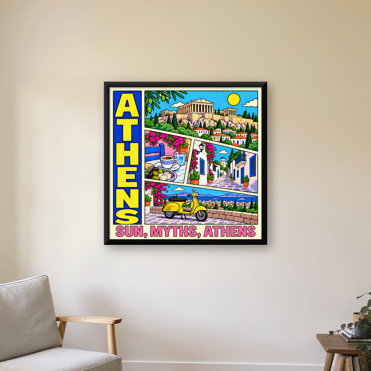 Atina Şehir Manzarası Çizgi Roman Stil Renkli Poster — Kare baskı, çerçeveli hâliyle bir ev duvarında