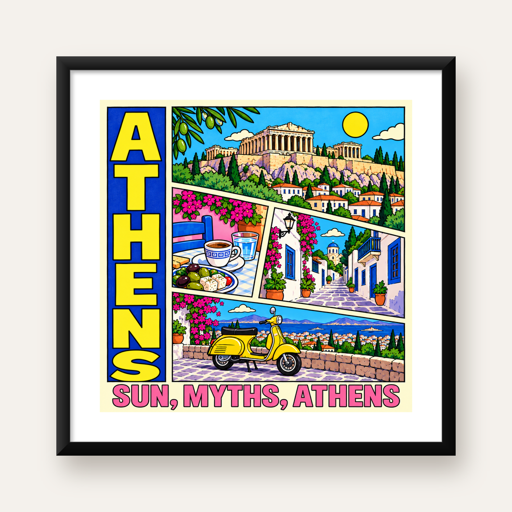 Atina Şehir Manzarası Çizgi Roman Stil Renkli Poster — Kare baskı, beyaz paspartulu
