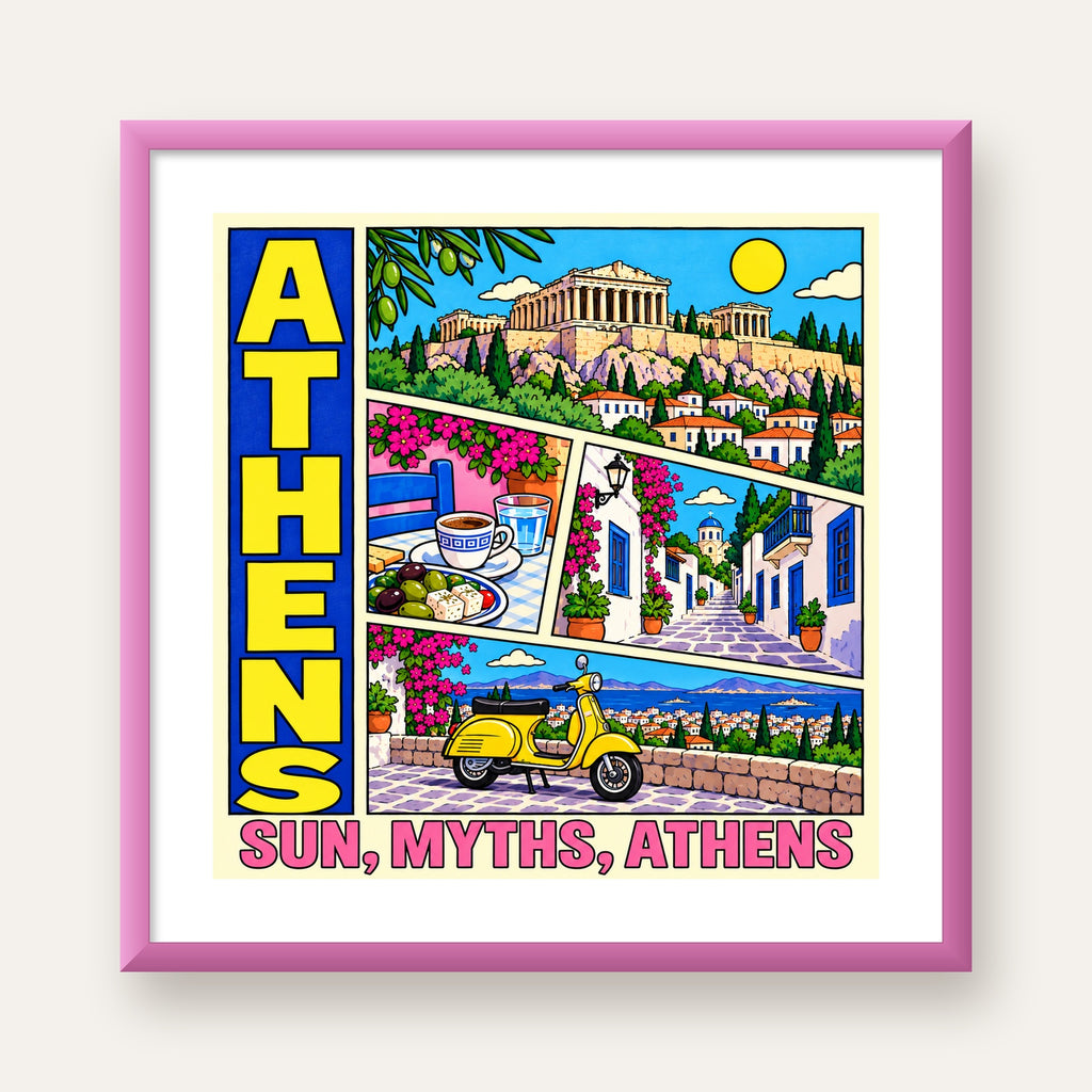Atina Şehir Manzarası Çizgi Roman Stil Renkli Poster — pembe çerçeveli paspartulu