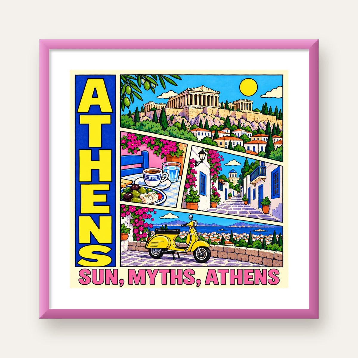 Atina Şehir Manzarası Çizgi Roman Stil Renkli Poster — pembe çerçeveli paspartulu