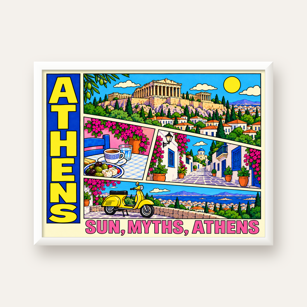 Atina Şehir Manzarası Çizgi Roman Stil Renkli Poster — beyaz çerçeveli yatay poster