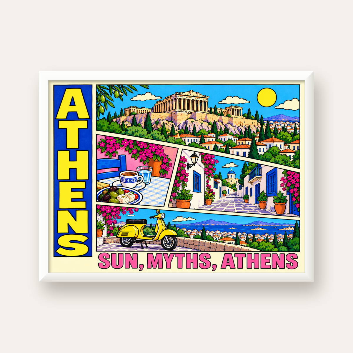 Atina Şehir Manzarası Çizgi Roman Stil Renkli Poster — beyaz çerçeveli yatay poster