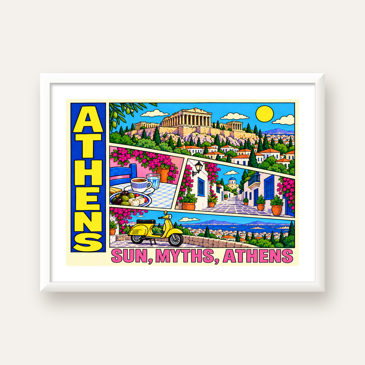 Atina Şehir Manzarası Çizgi Roman Stil Renkli Poster — beyaz çerçeveli yatay poster