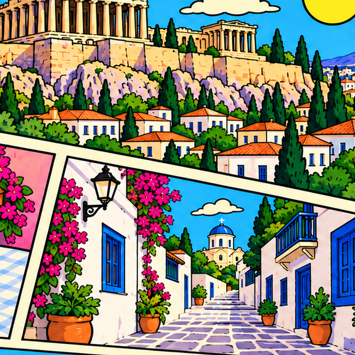 Atina Şehir Manzarası Çizgi Roman Stil Renkli Poster — baskının yakın çekimi, kâğıt dokusu ve renk detayı