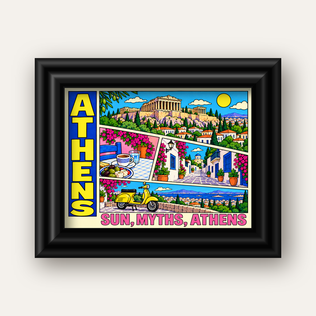Atina Şehir Manzarası Çizgi Roman Stil Renkli Poster — siyah galeri çerçeveli