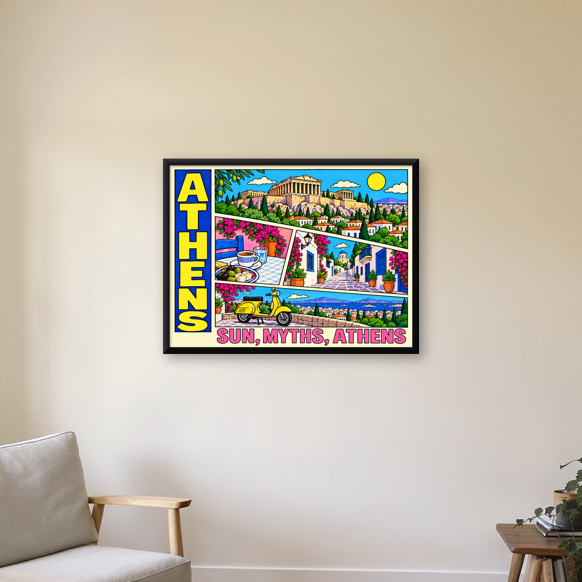 Atina Şehir Manzarası Çizgi Roman Stil Renkli Poster — Yatay baskı, çerçeveli hâliyle bir ev duvarında