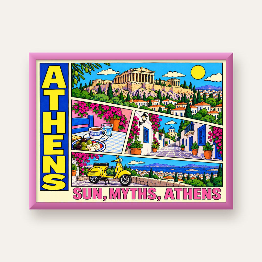 Atina Şehir Manzarası Çizgi Roman Stil Renkli Poster — pembe çerçeveli