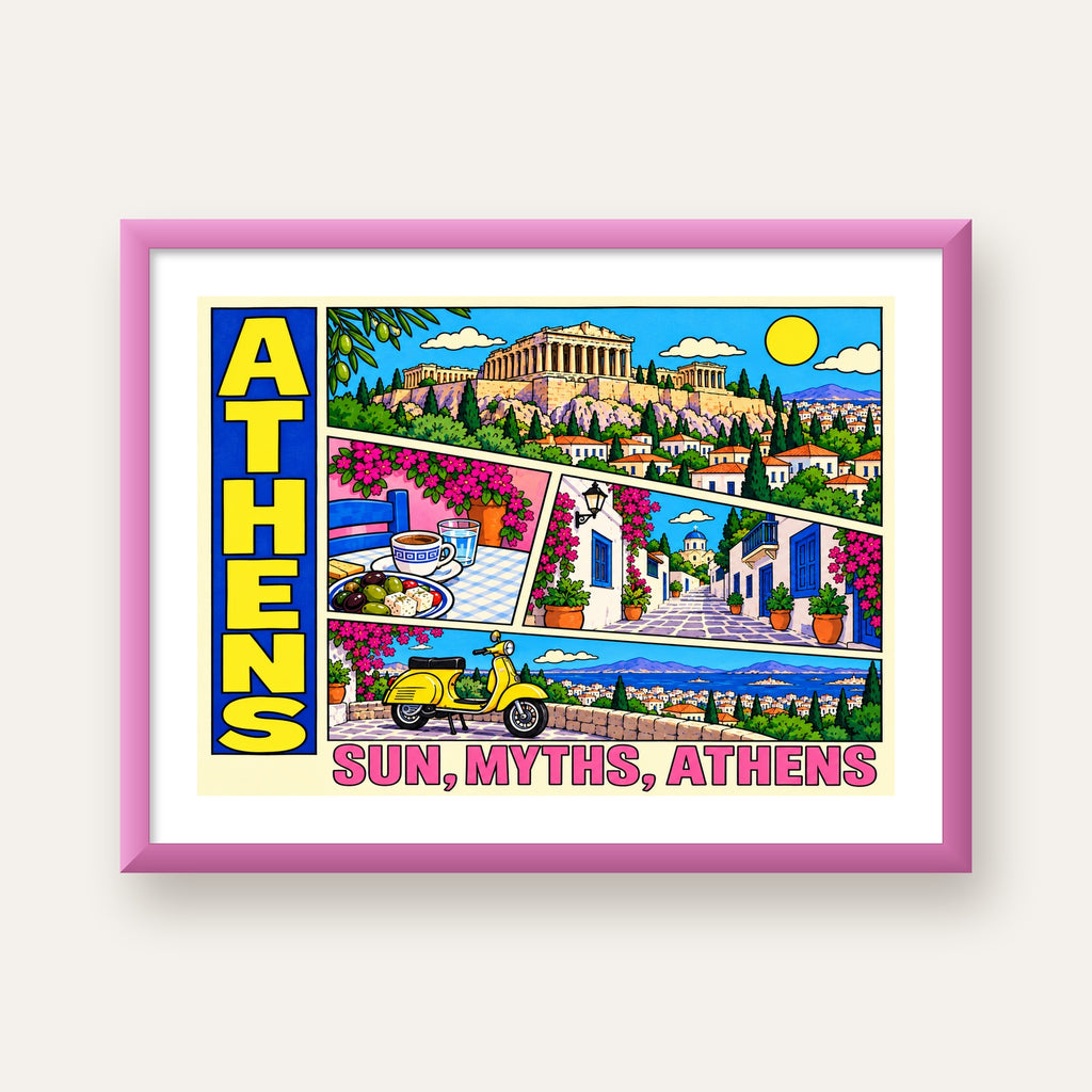 Atina Şehir Manzarası Çizgi Roman Stil Renkli Poster — pembe çerçeveli paspartulu