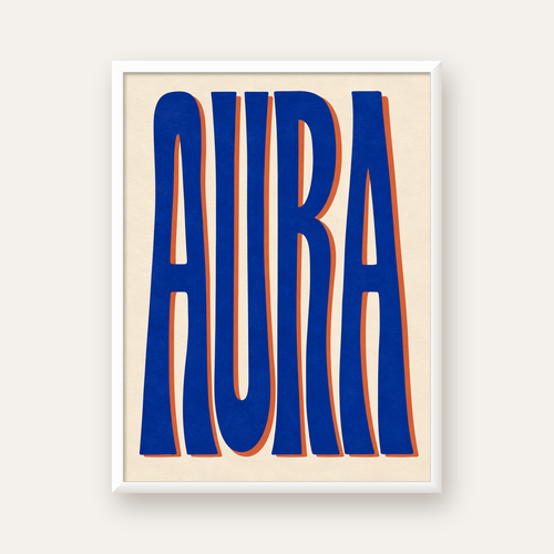 Aura Mavi Retro Tipografi Poster — beyaz çerçeveli dikey poster