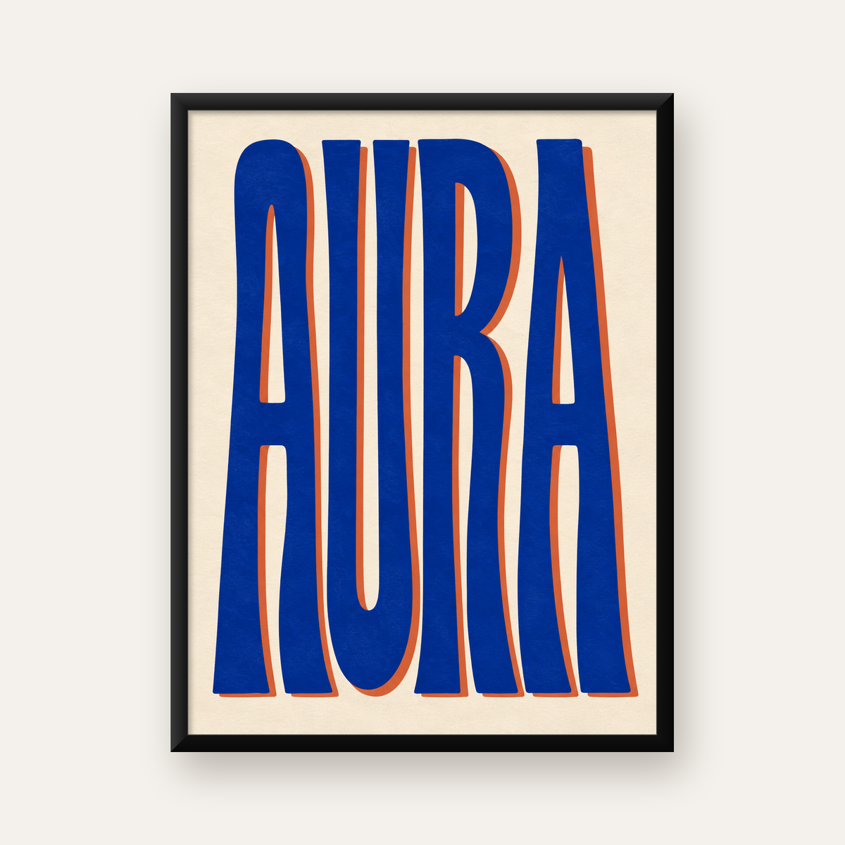AURA Büyük Yazılı Modern Tipografik Poster, Mavi Turuncu — Dikey baskı, düz siyah çerçeveli duvar posteri