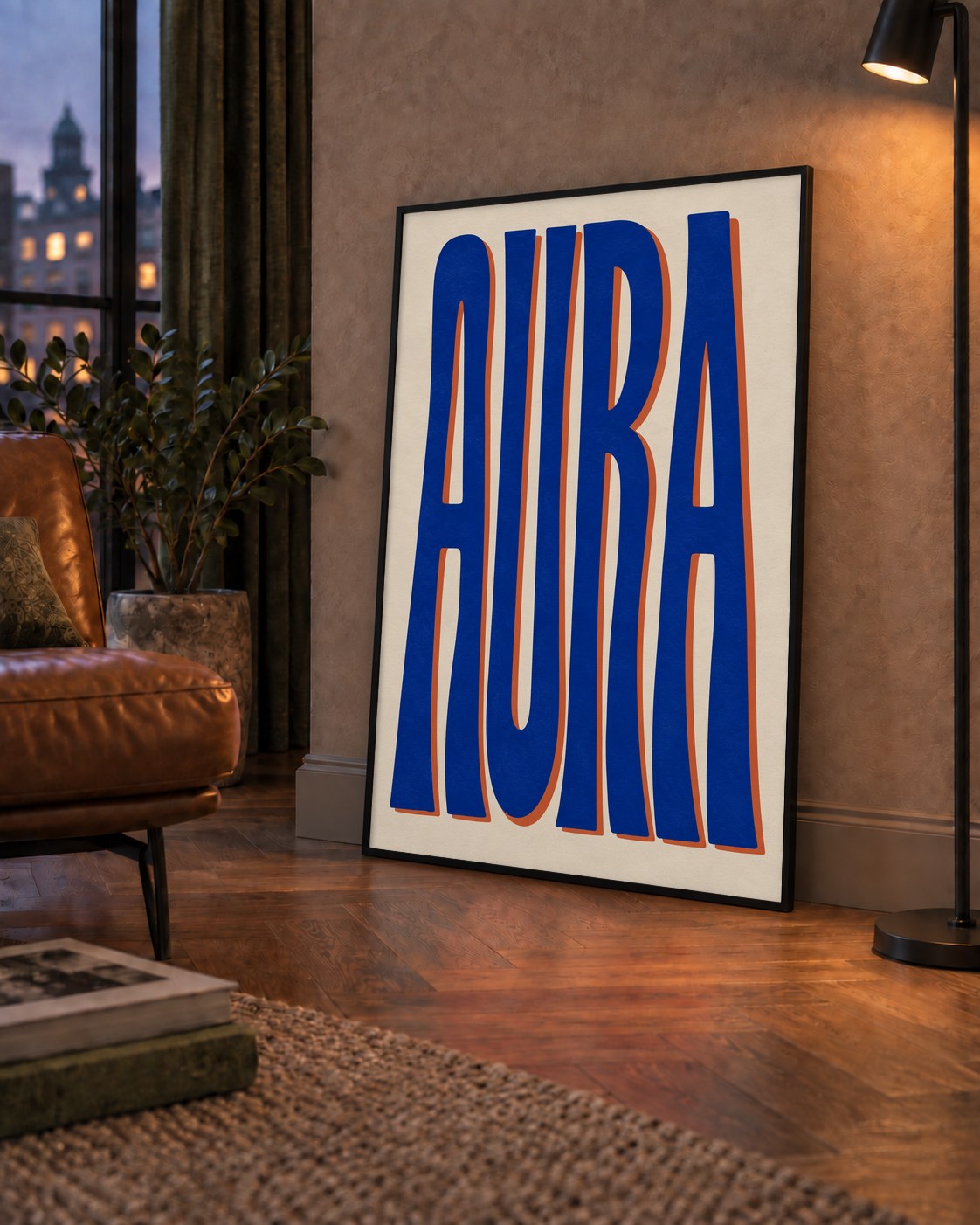 Aura Mavi Retro Tipografi Poster — çerçeveli hâliyle bir ev duvarında