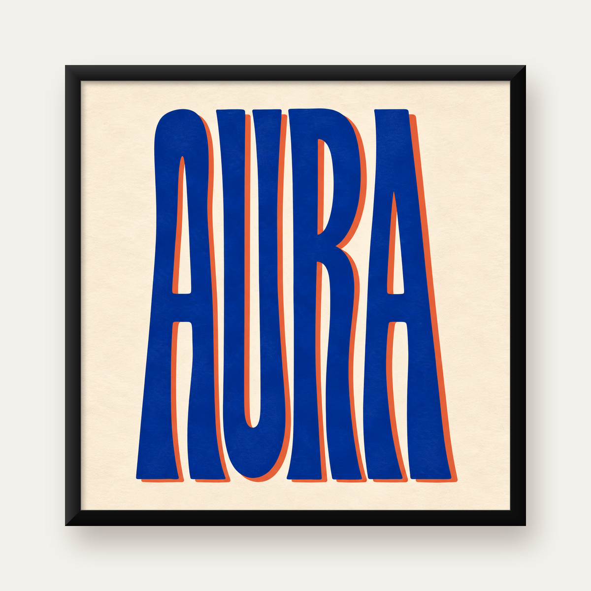 AURA Büyük Yazılı Modern Tipografik Poster, Mavi Turuncu — Kare baskı, düz siyah çerçeveli duvar posteri