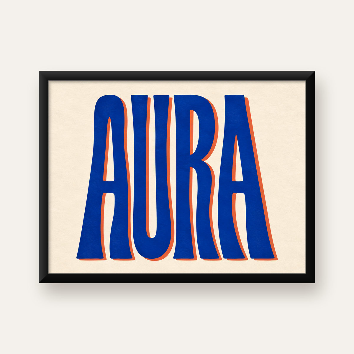 AURA Büyük Yazılı Modern Tipografik Poster, Mavi Turuncu — Yatay baskı, düz siyah çerçeveli duvar posteri