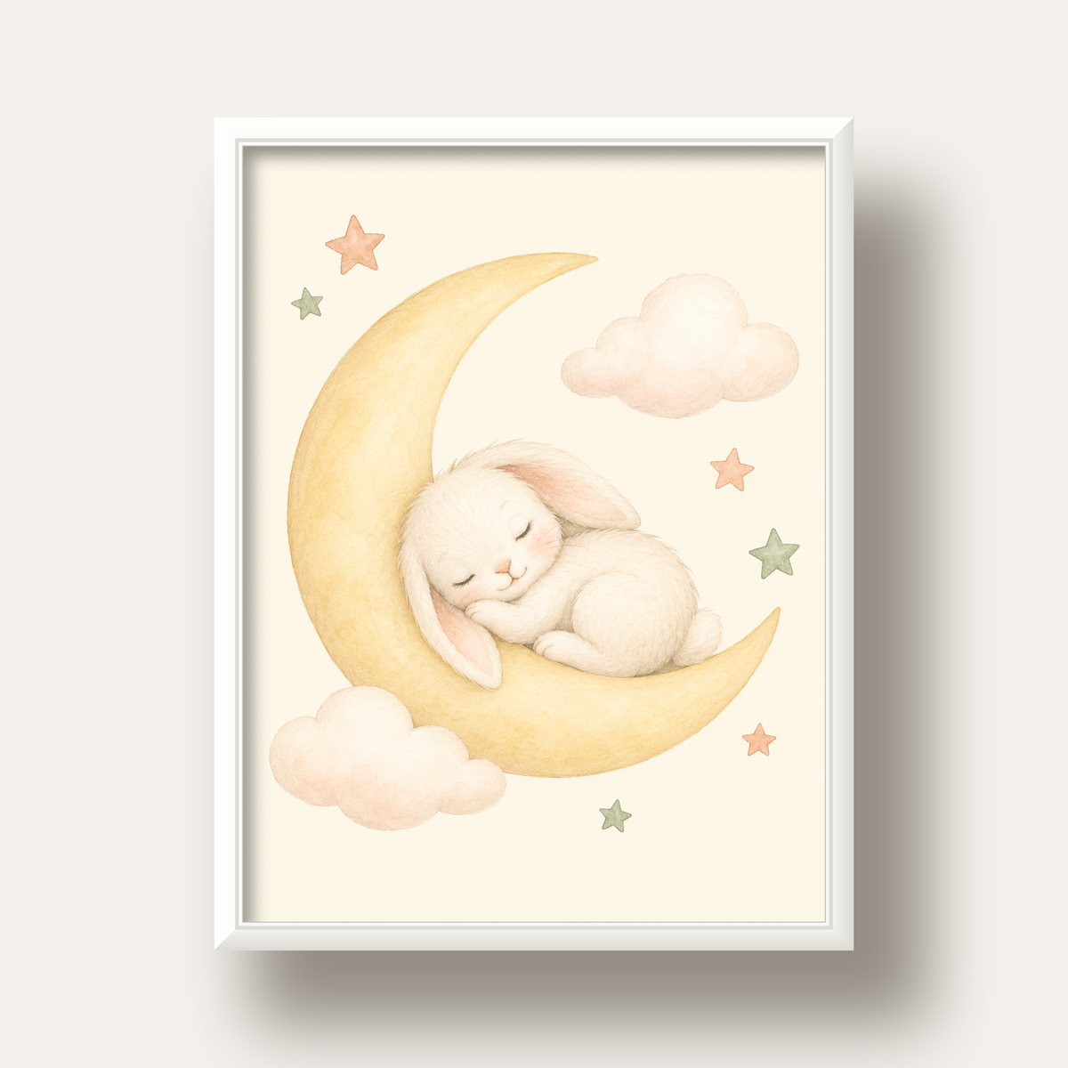 Uyuyan Tavşan ve Hilal Ay Suluboya Poster – Pastel Bebek Odası — beyaz derin çerçeveli
