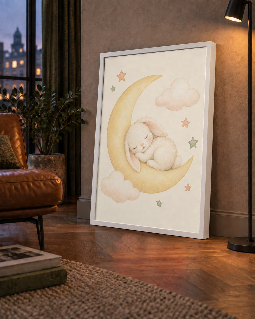 Uyuyan Tavşan ve Hilal Ay Suluboya Poster – Pastel Bebek Odası — çerçeveli hâliyle bir ev duvarında