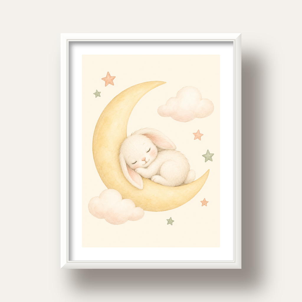 Uyuyan Tavşan ve Hilal Ay Suluboya Poster – Pastel Bebek Odası — beyaz derin çerçeveli paspartulu