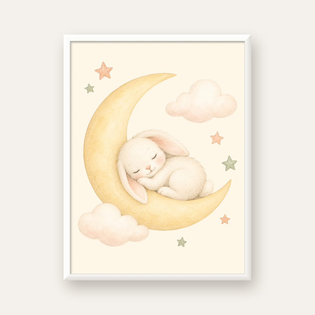 Uyuyan Tavşan ve Hilal Ay Suluboya Poster – Pastel Bebek Odası — beyaz çerçeveli dikey poster